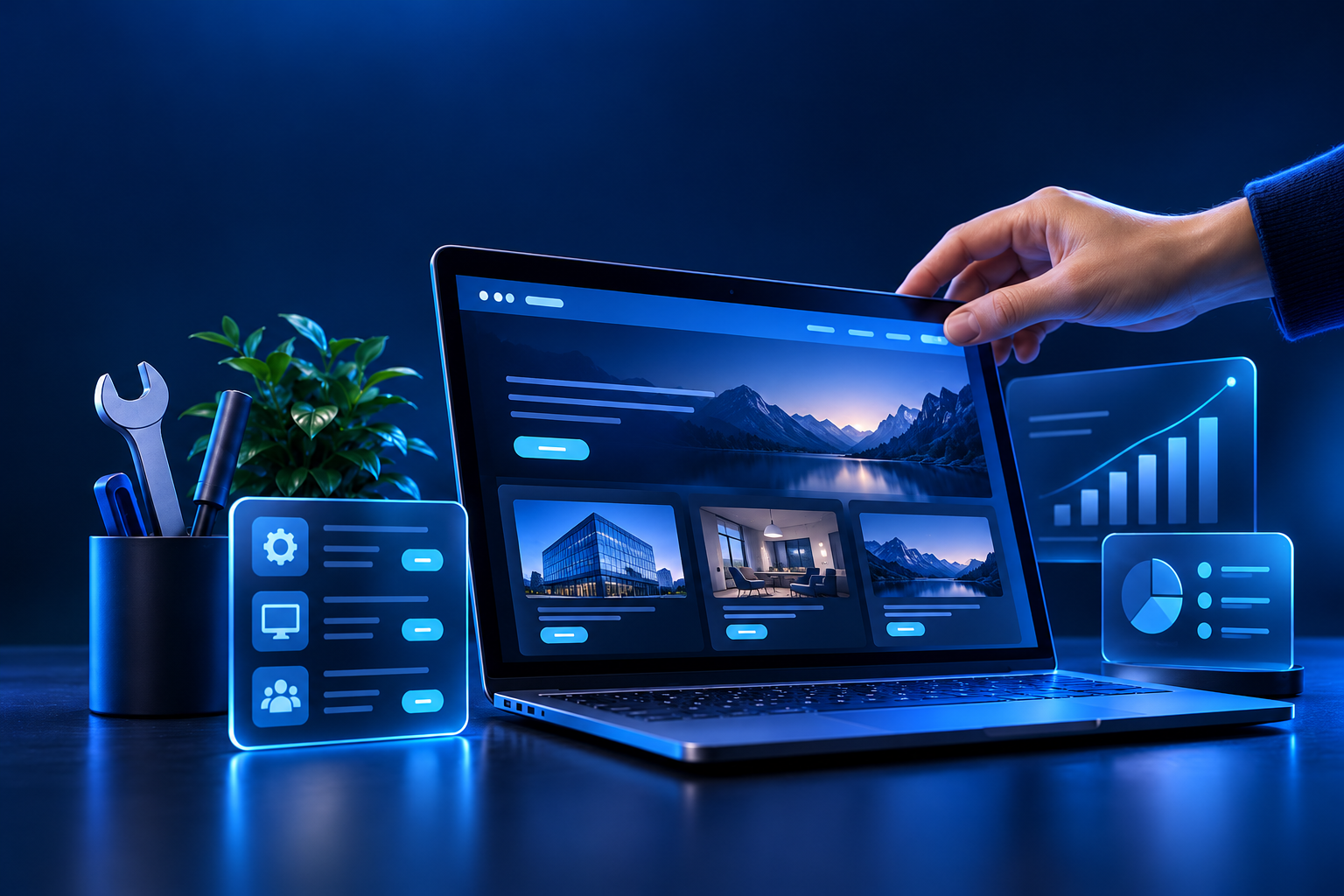 A business website with expanded content and a growth dashboard