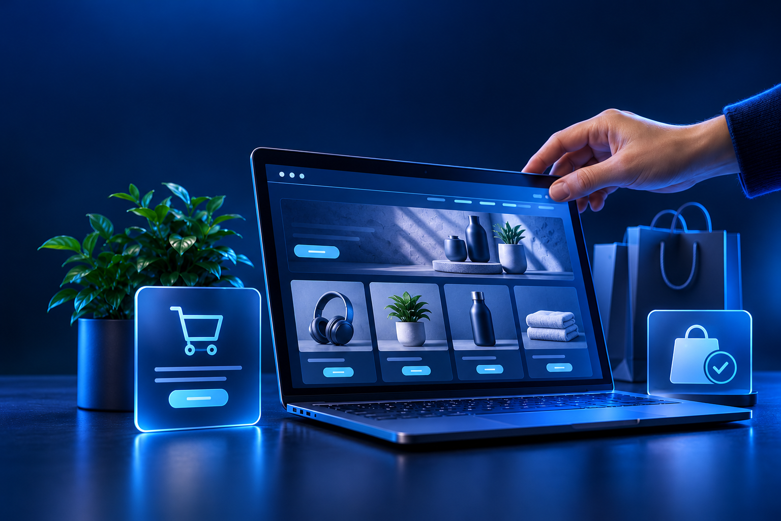 An online shop showing products and a shopping bag